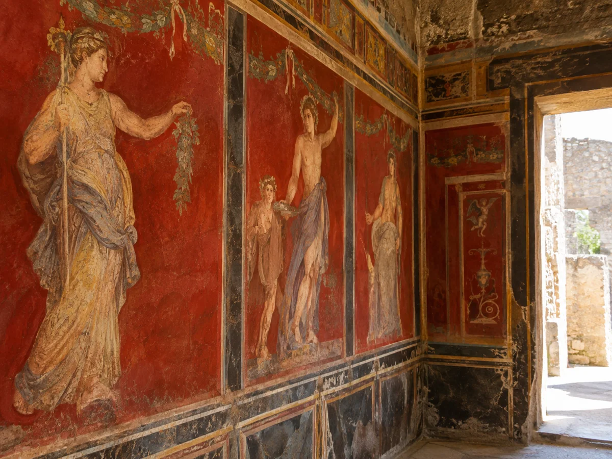 Un affresco romano di una donna in lunga veste su una parete rosso intenso in una villa di Pompei