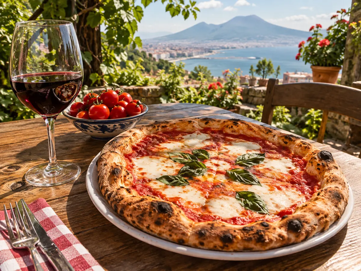 Una pizza margherita napoletana, un bicchiere di vino rosso e pomodorini su un tavolo in giardino con vista sul Vesuvio