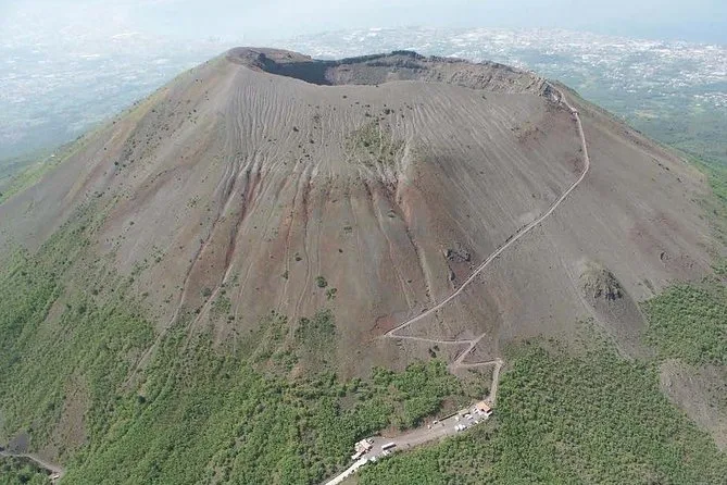 Aerial view of the cone of Vesuvius with the path spiralling up its side
